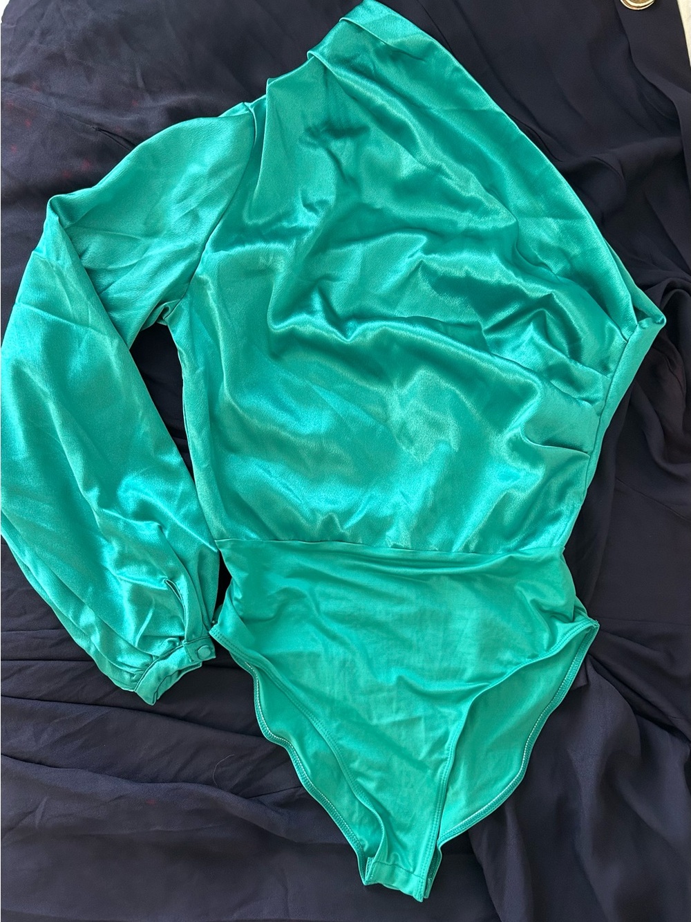 Satin Emerald Green One-Shoulder Bodysuit Size Medium